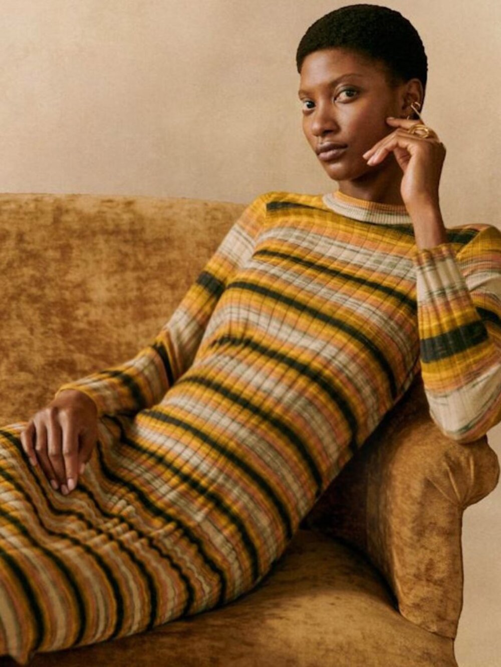 New Sezane Sylvia Striped Maxi Sweater Dress Yellow Orange Black Small